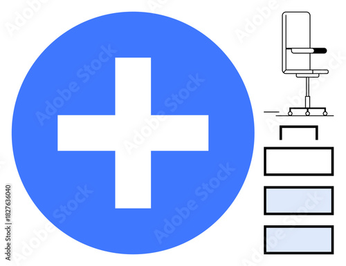 Blue medical cross symbol, ergonomic office chair, and stacked layout boxes convey themes of healthcare, organization, and workplace well-being. Ideal for wellness, healthcare, balance, ergonomics