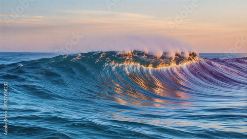 Fototapeta Naklejka Na Ścianę i Meble -  Ocean wave cresting in sunlight against a serene sky background