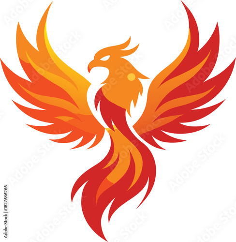 Fiery Phoenix Bird Vector Logo – Majestic Mythical Creature Rising with Spread Wings Illustration"