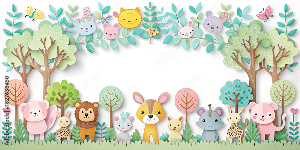 Obraz premium Colorful paper cutout scene with animals and trees in a playful forest setting during a sunny day