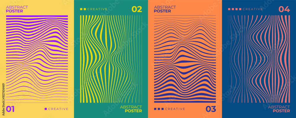 Fototapeta premium Line waves style abstract posters set. Wavy line patterns. Minimalist cover templates. Futuristic backgrounds for creative graphic design. Vector illustration.