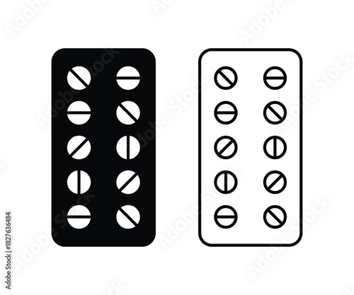 Pill strip icon vector. Pills in blister pack. Pill or tablet icon. Black pills strip icon
