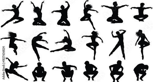 Dynamic dancer silhouettes performing expressive movement poses, energetic jumps, creative choreography, artistic dance motion, modern performance illustration suitable 