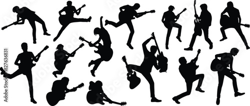 Dynamic guitar player silhouettes performing energetic rock poses, musician jump actions, concert movement collection, music performance clipart set for creative design projects, vector art