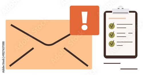 Large envelope with red alert icon, detailed checklist on clipboard indicating completed tasks. Ideal for communication, reminders, task management, organization, deadlines, email processing, simple