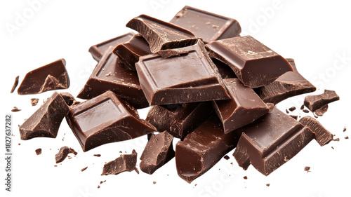 Dark chocolate pieces scattered on a white surface ready for baking and cooking in a cozy kitchen setting.