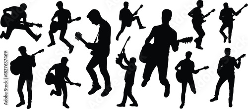 Energetic guitarist silhouettes performing dynamic music poses, rock concert action, creative stage movement, expressive musicians, artistic electric guitar performance illustration for designs
