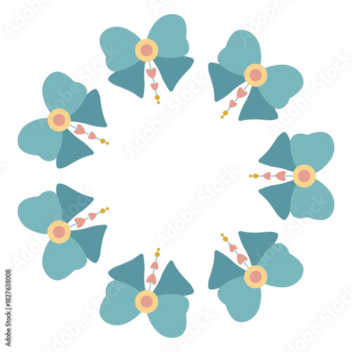 Bow round frame isolated vector illustration. Round template with elegant blue bows for holiday design