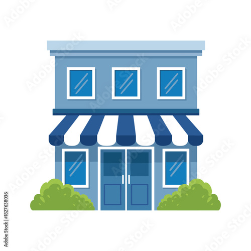 Charming blue two-story building with striped awning and green bushes representing a small business shop