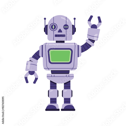 Friendly purple robot waving with pincer hand, depicting ai, innovation, and futuristic digital technology