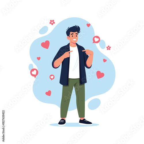 Smiling man pointing at himself with hearts and flowers around, symbolizing self-love, importance, choice.