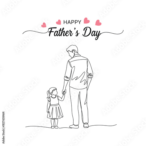 Happy father's day continuous line art illustration of a father and daughter holding hands, expressing love and family bond