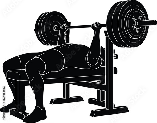 Silhouette of athlete performing heavy bench press exercise on gym bench, strength workout, muscle training, bodybuilding movement, fitness barbell lifting illustration