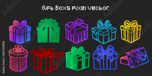 Pixel Gradient Gift Box Vector Collection in Y2K Graphic Style with Various Colorful Shapes