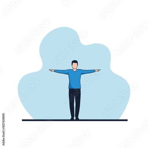 Man standing with arms outstretched, welcoming, balance, stability, freedom, open, ready, full illustration