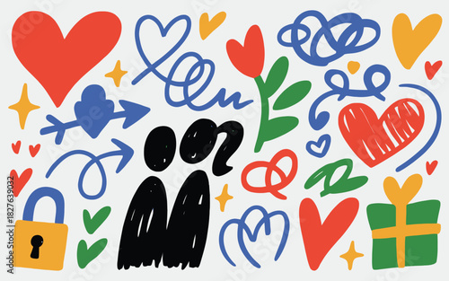 Colorful Doodle Art Featuring Hearts People Arrows Flowers and a Gift