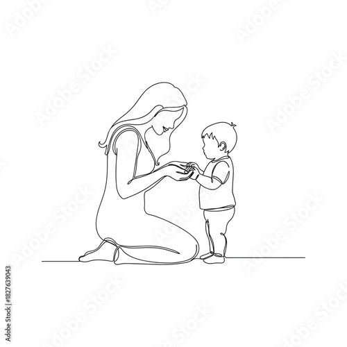 Continuous line art drawing of a mother kneeling and holding hands with her young child, symbolizing care, love, and bonding.