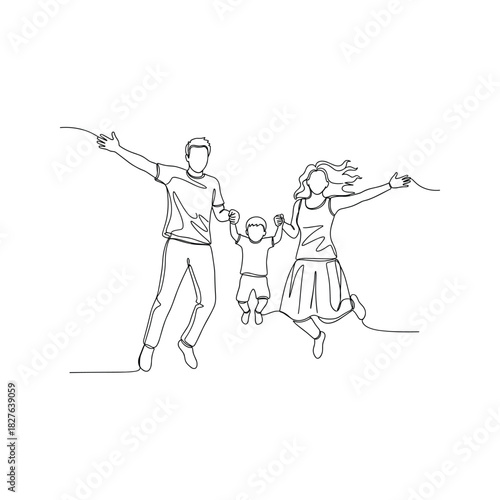 Happy family with child jumping and holding hands, single continuous line art drawing minimalist style on white.