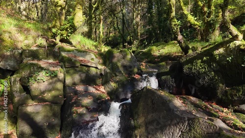 Rocky River And Fervenza de Fírvado (Firvado Waterfall) In Galicia, Spain. Aerial Forward Shot