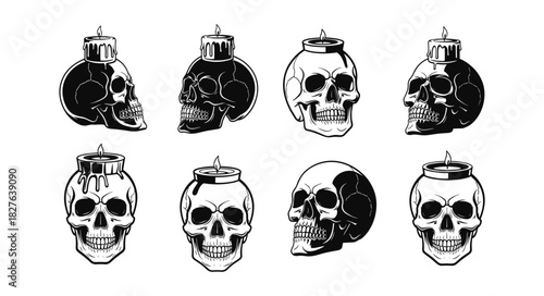 Set of Skull Ink Bottle Illustrations in Black and White.