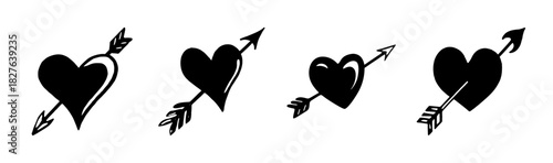 Hand drawn hearts pierced by arrows set, love romance concept icons