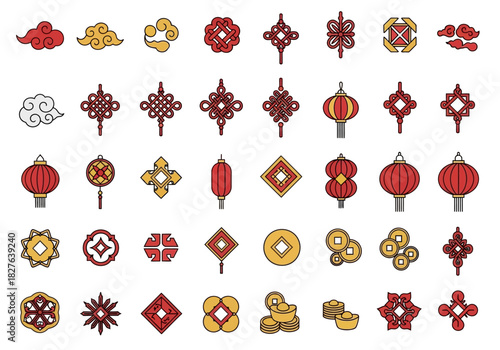 Icons of traditional Chinese decorations in red and gold