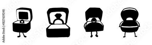 Whimsical engagement ring boxes with legs, simple vector icons set
