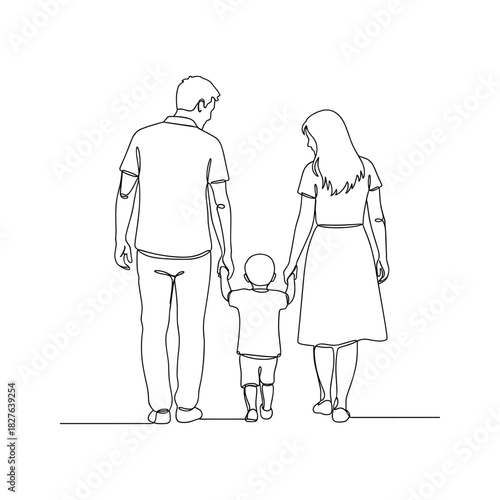 Continuous line drawing of parents and child walking together, showcasing family unity and strong bond.