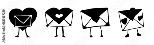Whimsical hand drawn mail and heart characters representing messages