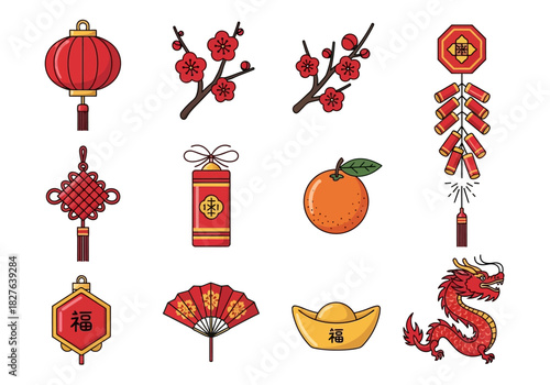 Twelve red and gold illustrated Chinese New Year decorations and symbols