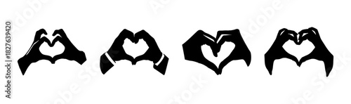 Four different stylized hands making heart shapes conveying love and unity