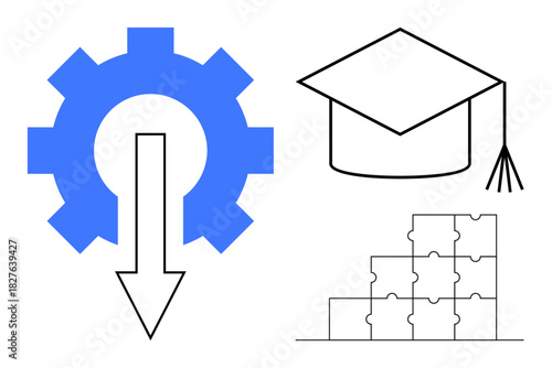 Education concept. Education ed by a gear system, graduation cap, and puzzle blocks. Education fostering learning, problem-solving, and innovation. For schools, e-learning and career growth