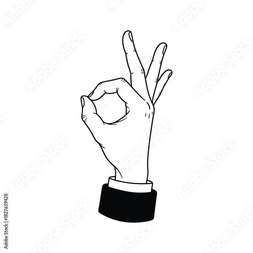 Line art illustration of a hand making the 'ok' gesture, symbolizing approval, success, and agreement, perfect.