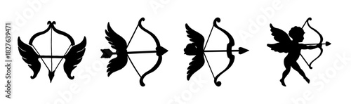 Cupid bow and arrow with wings, and a cute cupid silhouette set