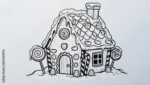Whimsical gingerbread house illustration with candy accents, perfect for holiday greetings, invites, and festive designs bringing sweet cheer