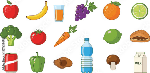 A vibrant collection of various fruits, vegetables, and drinks including apples, bananas, oranges, broccoli, tomatoes, carrots, water, milk, and soda, arranged on a white background.