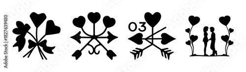 Love and romance graphics: hearts, arrows, bouquet, and romantic couple.