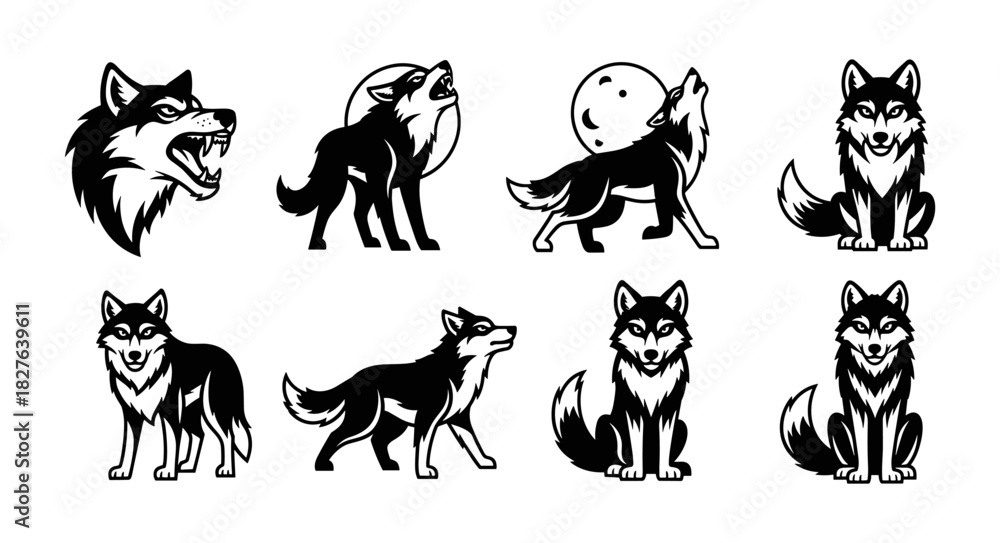 Fototapeta premium Collection of Stylized Wolf Illustrations in Black and White.