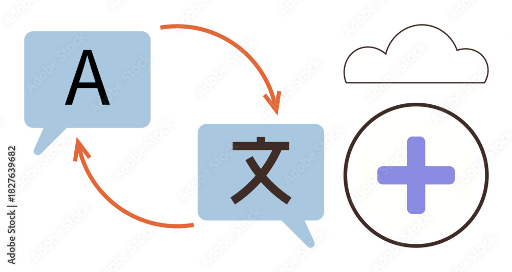 Obraz premium Speech bubbles with letters and arrows for translation process, cloud with plus sign for data storage. Ideal for communication, technology, globalization, AI, education, multilingual tools, data