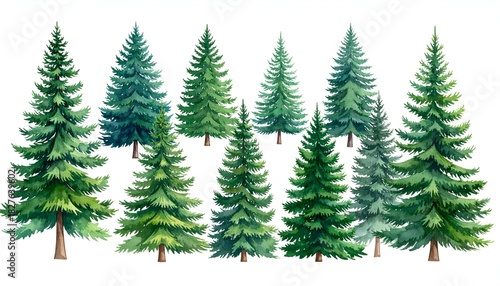 Watercolor illustration of various evergreen conifer trees isolated on a white background