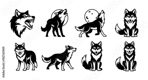 Collection of Stylized Wolf Illustrations in Black and White.