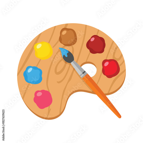 Artist's wooden palette with vibrant colorful paints and a brush, illustrating creativity and art supplies on white background.