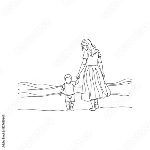 Continuous line art illustration: mother and child walking hand in hand, symbolizing family bond, care, and love.