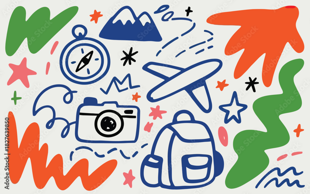 Naklejka premium Colorful Travel Doodles Backpack Camera Airplane Compass Mountains and Abstract Shapes