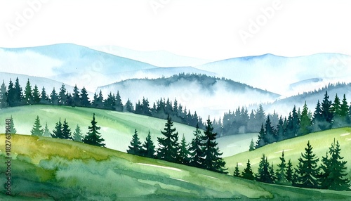 Watercolor landscape depicts rolling green hills, forests, and misty blue mountains