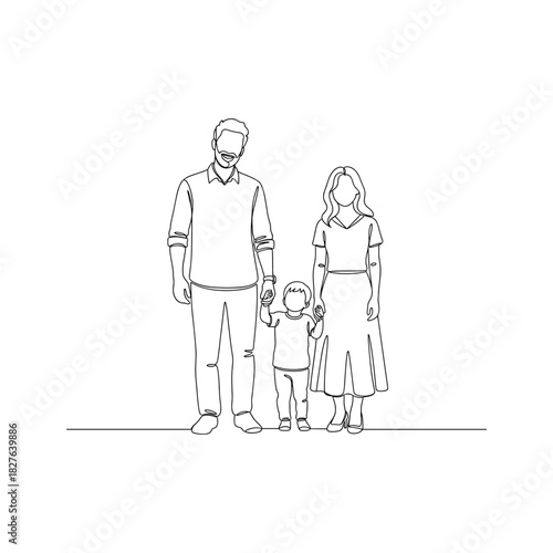 Continuous line art drawing of a family: father, mother, child holding hands, representing love, unity, and parenthood bond vector illustration graphic