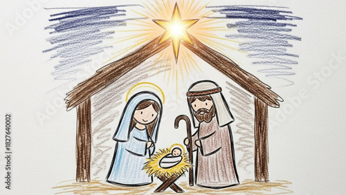 Charming Nativity scene illustration evokes the Christmas story with Mary, Joseph and baby Jesus under the star, perfect for holiday greeting cards
