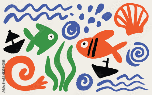 Abstract Ocean Scene with Fish Boats Waves and Shells in Bold Colors