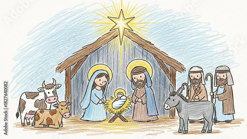 Charming Christmas Nativity Scene with Mary, Joseph, Baby Jesus, Shepherds, and Animals Under the Guiding Star, Perfect for Holiday Greetings and Celebrations