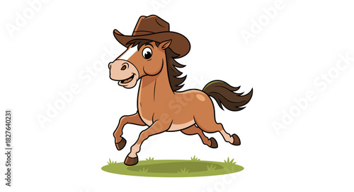 Cute Cartoon Horse Wearing Cowboy Hat Galloping Joyfully.